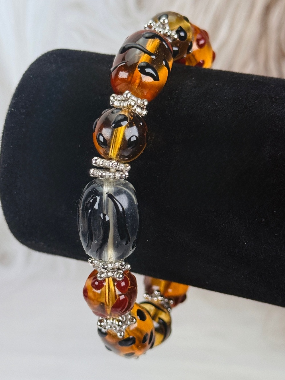 Amber Brown Clear Bead Stretch Bracelet Black Swirl Silver Tone Accents